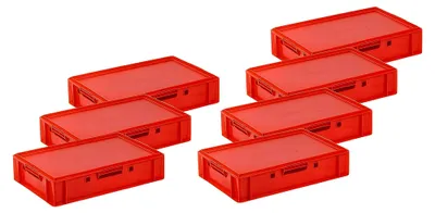 Produktbild von Lagerkiste E1, 600x400x125 mm, rot, mit Deckel, lebensmittelecht, stapelbar aus Kunststoff