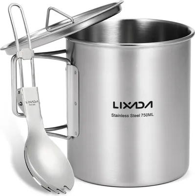 Produktbild von Lixada 750ml Tasse Outdoor Edelstahl Wassertasse Becher mit klappbaren Griffen und Deckel für Camping Wandern Backpacking