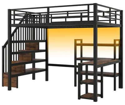 Produktbild von Hochbett mit RGB LED-Streifen, Schreibtisch, Treppe, Regal, Rausfallschutz, Lattenrost und USB, 140x200 cm, Kinderbett, Metallbett
