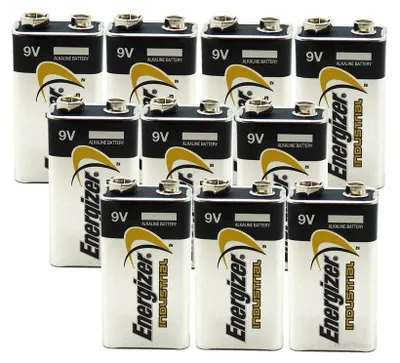 A group of 9V Energizer Industrial alkaline batteries are arranged in a grid formation.