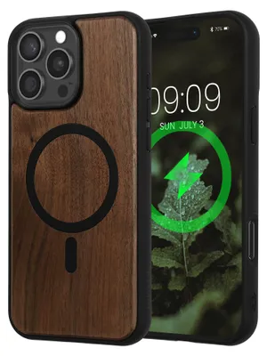 Produktbild von kwmobile Hülle für Apple iPhone 16 Pro Max Handyhülle - Cover aus Holz und TPU - Kompatibel mit MagSafe - Case in Dunkelbraun Schwarz Holz