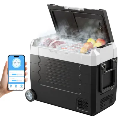 Productafbeelding van Compressorkoelkast - Autokoelkast 45 liter - Werking: 12/24 V DC en 100–240 V AC - Twee temperatuurzones - Temperatuurbereik: -20 tot +20 °C - Bediening via app - Geschikt voor kamperen en campers