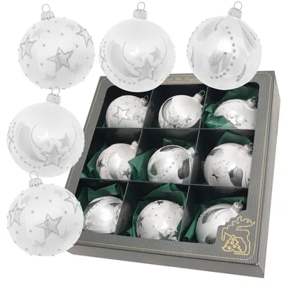 Produktbild von Krebs Glas Lauscha Christbaumkugeln 9er Set - Winterzauber - Silber - ca. 8cm - handbemalt und mundgeblasen