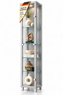 Produktbild von AGIONDA Stand- und Sammlervitrine Silber mit LED, 1 Glastür, 4 Glasböden, 172 cm