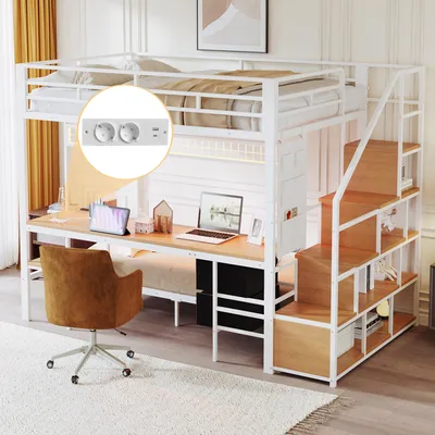 Produktbild von Flieks Etagenbett Metallbett 90x200cm/140x200cm, Hochbett mit Schreibtisch und Steckdose,  Kinderbett Hochbett Jugendbett mit Led und Staufach, Weiß