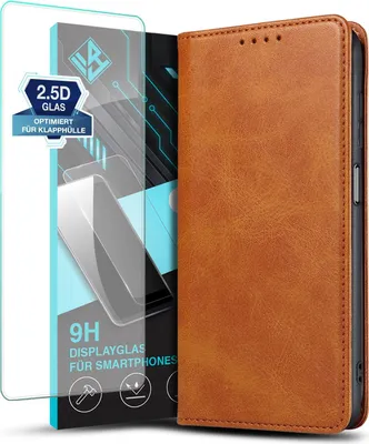 Produktbild von Handyhülle für Samsung Galaxy A14 5G mit 9H Displayglas Kunstleder Flip Cover Hülle Handytasche Case Kartenfach Farbe: Hellbraun