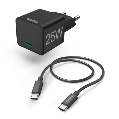 Immagine prodotto di Caricabatterie rapido Hama con cavo di ricarica USB-C, mini caricabatterie, PD, 25 W, 1,5 m, SW