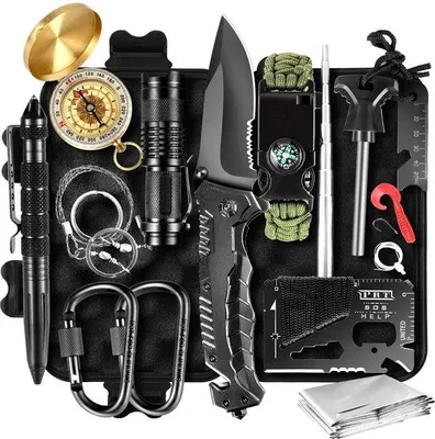 Produktbild von Überlebensset 14-in-1, professionelles Überlebensset mit Multitool, Taschenlampe und Outdoor-Ausrüstung für Camping, Abenteuer, Wandern, Jagd und Angeln