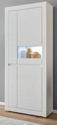 Produktbild von Vitrine "Derby" in weiß matt und Evoke Eiche Vitrinenschrank 85 x 198 cm, Soft-Close-Funktion