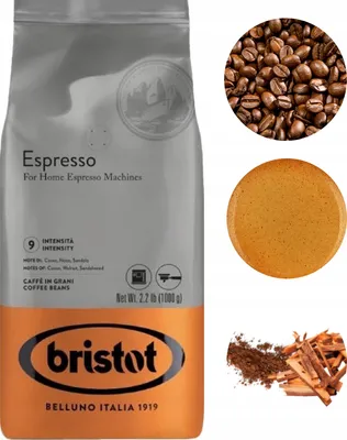 A collage of a bag of Bristot Espresso coffee beans, coffee beans, a coffee crema, and ground coffee with cinnamon sticks.