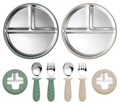 Image de Ensemble de 6 pièces pour bébé, comprenant une assiette en acier inoxydable avec ventouse