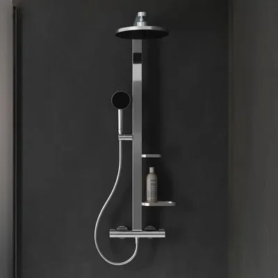 Imagen del producto de Sistema de ducha Ideal Standard Ceratherm Alu+ con termostato, 2 estantes, ducha de mano de 2 funciones y cabezal de ducha de 2 funciones