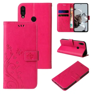 A collage of images showing a pink floral butterfly flip case for a Huawei P20 Lite phone.