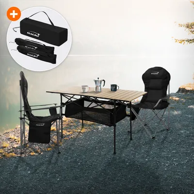Obrázok produktu pre Hauki kempingový set nábytku 3 ks, skladací stôl béžový s 2 kempingovými stoličkami čiernymi vrátane tašky na prenášanie