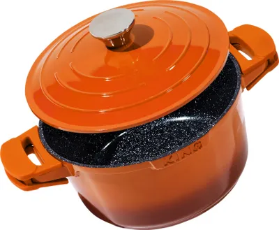 Produktbild von Ø24cm Schmortopf ca. 12cm hoch KING® SHINE ORANGE aus Aluguss mit Keramikbeschichtung Innen: FUSION TI / mit Aluguss Deckel / inkl. Leicht abnehmbare Silikon-Pads / Farbe: Orange