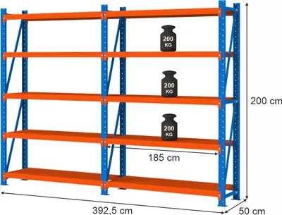 Zdjęcie produktu dla Regał magazynowy metalowy zestaw dwa moduły 10-półkowy Mega-M FORTIS LIGHT 200x392,5x50cm