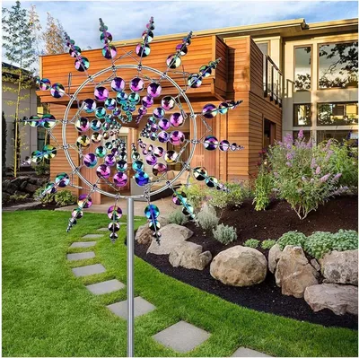 Produktbild von 3D Metall Windmühle | Kinetisches Windspiel mit Gartenpfahl | Windfänger für Hof und Garten