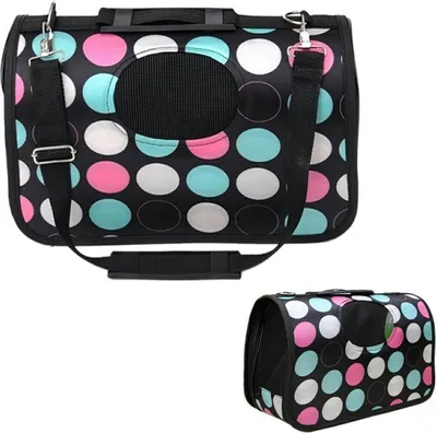 A collage of two images showing a pet carrier bag with a polka dot pattern.
