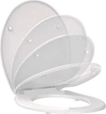 A white toilet seat with the lid and seat in various open positions, shown against a white background.