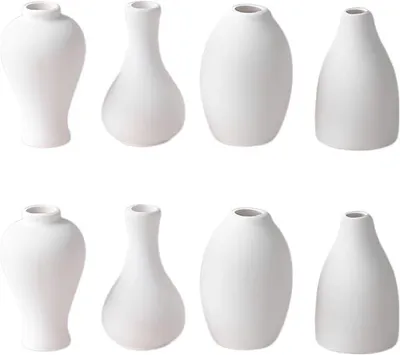 Imagen del producto de 2 juegos de jarrones de cerámica para pintar, con 4 formas diferentes. Incluyen 9,3 cm de jarrones de cerámica blanca sin pintar, además de pinturas, pinceles y una paleta. Ideal para manualidades en casa, decoración, ideas de regalos y detalles para fiestas