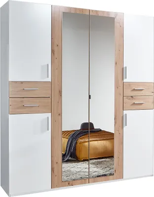 Produktbild von Schlafzimmer Kleiderschrank mit 180 cm Breite in weiß mit Eiche, 6 Türen & 4 Schubladen - VENLO-43