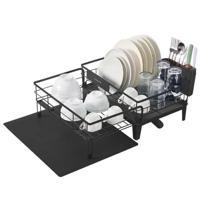 Produktbild von Abtropfgestell Geschirr, ausziehbarer Geschirr-Abtropfständer, drehbarer und ausziehbarer Ablauf, Silikonmatte, (31-56) x 42 x 20 cm, schwarz
