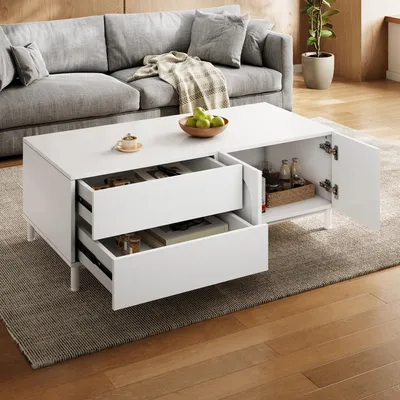 Produktbild von MODFU Rechteckiger Couchtische,Wohnzimmertisch Weiß,Beistelltisch Kaffeetischm mit Bogen-Türen,Moderner Sofatisch mit Stahlrohrfüßen