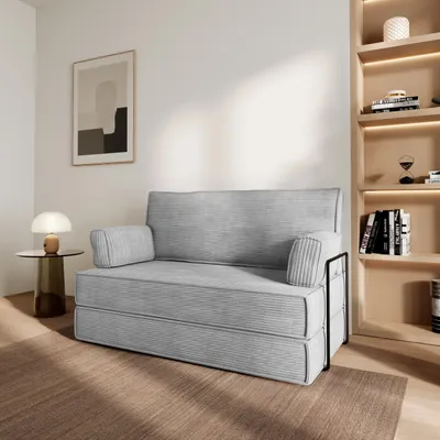 Produktbild von Masseno Schaumstoffsofa LADIA mit Schlaffunktion, Schlafsofa, Wohnzimmersofa, Couch, Sofa, Bettsofa, Kordstoff – Hellgrau POSO 55