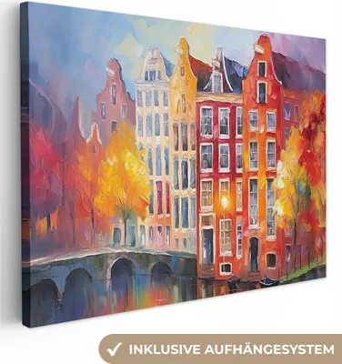 Produktbild von MuchoWow® - Leinwandbilder - Grachtenhäuser - Kunst - Malerei - Amsterdam, Wandbild, Wanddeko Bilder Wohnzimmer, 120x90 cm