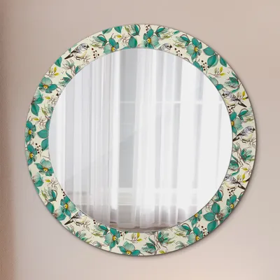 Produktbild von Spiegel Rund mit Aufdruck - Wandspiegel Design Wandmontage – Badspiegel - Blumen und Vögel - Runder: Ø70cm