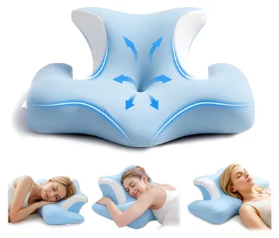 Produktbild von Nackenstützkissen aus Memory-Schaum – ergonomisches Schmetterlingskissen mit Ohrloch und Armauflage, Kopfkissen für Seitenschläfer, waschbarer Bezug, Himmelblau