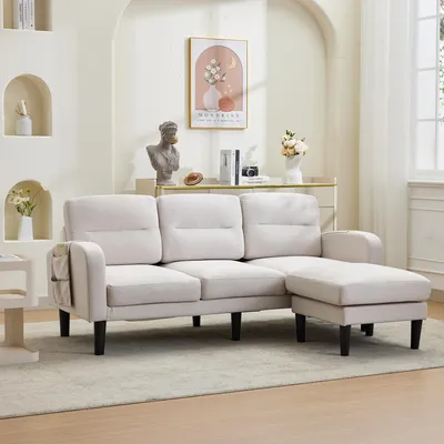 Produktbild von okwish 3-Sitzer Ecksofa mit seitlicher Aufbewahrungstasche, Wohnzimmersofa Abnehmbare Rückenlehne,für kleine Wohnungen,Beige