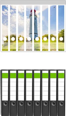 Produktbild von Wallario 8 Stück schmale Ordner inkl. Klebeetiketten mit Motive Leuchtturm auf Hiddensee bei Sonnenschein -  Set mit Rückenschildern / Ordnerrücken Stickern