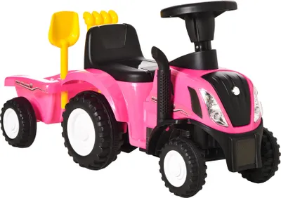 Produktbild von HOMCOM Tretloser Traktor für Kinder von 12–36 Monaten mit abnehmbarem Anhänger, Aufsitzauto mit Hupe, Scheinwerfern, Schaufel 25 cm, Bodensitz und Rechen, Belastung 25 kg, 91 x 29 x 44 cm, Rosa