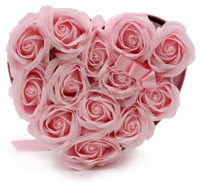 Produktbild von Seifenblumen-Box - 13 rosa Rosen in einer herzförmigen Box