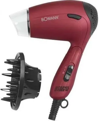 A red Bomann travel hair dryer with a black diffuser attachment is shown against a white background.