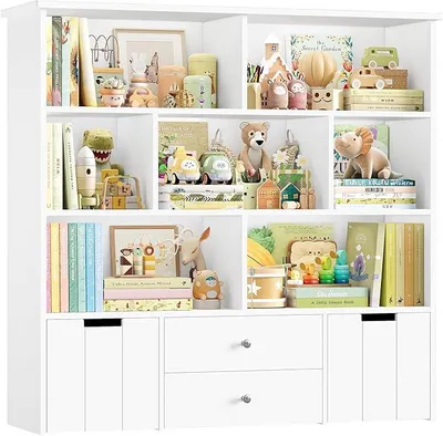 Produktbild von Kinderregal mit Boxen auf Rollen, Kinderbücherregal mit 4 Ebenen & 2 Schubladen, Kinderzimmer Möbel, Spielzeugregl, Aufbewahrungregal,Bücherregal Kinder, Kinderschrank 125x33x120cm weiß