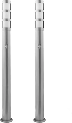 Two identical stainless steel bollard lights with motion sensors are shown against a white background.