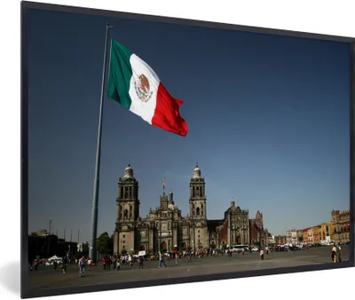 Produktbild von MuchoWow® Gerahmtes Poster Kathedrale von Mexiko-Stadt und die mexikanische Flagge 90x60 cm - Poster mit Schwarzem Bilderrahmen Wandposter Rahmen Foto Bilder - Fotorahmen - Foto-Plakat