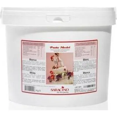 A white plastic tub of modeling paste with a label showing product information and an image of a decorated cake.