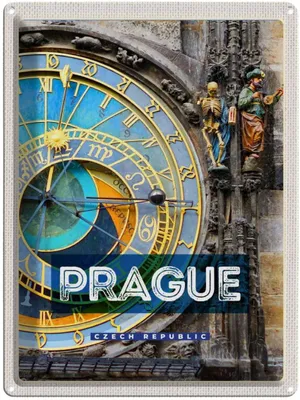 Produktbild von vianmo Blechschild 40x30 cm Prague Rathausuhr Tschechien Bildmotiv Reisemotiv Abenteuer Reisen Straße Stadt Urlaub