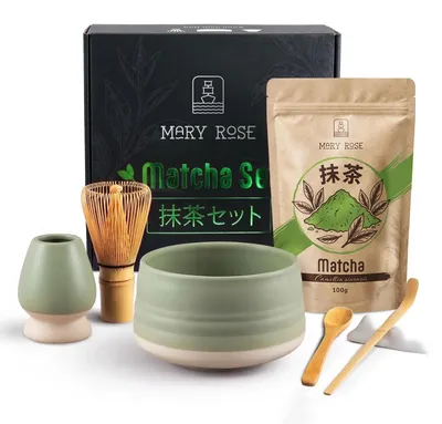 Produktbild von Mary Rose - Matcha Tee Geschenkset 100g - Mit Grün Keramik Matchawan Schale Higashi 500ml, Kusenaoshi - Bambus Chasen, Besen, Chashaku