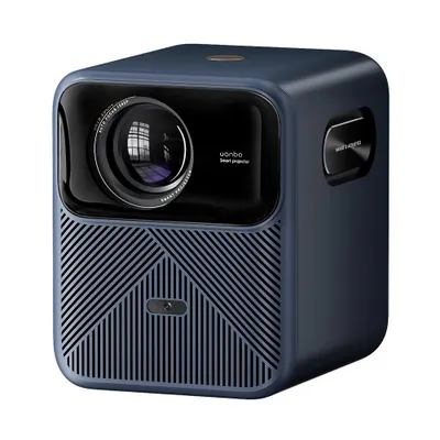 A product shot of a blue projector on a white background.