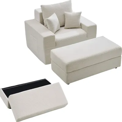 Obrázok produktu pre Ležadlo - Lounge kreslo Čitateľské kreslo z manšestru - Extra hlboké sedadlo - S podrúčkami a vankúšmi - Šírka 111,5 cm - Modulárne - Do obývacej izby/spálne - Béžové
