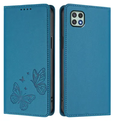 Produktbild von Lederhülle für Samsung Galaxy A22 5G, Schmetterling Prägung Leder Brieftasche Schutzhülle mit Ständer Blau