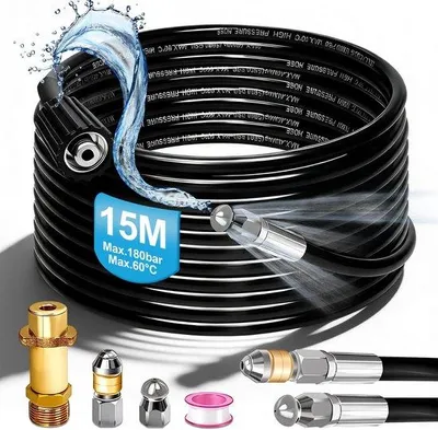Zdjęcie produktu dla Wąż do myjki ciśnieniowej, 15 m - 180 bar - dysza obrotowa - adapter M22 - kompatybilny z Kärcher K2/K7 - uniwersalne myjki ciśnieniowe - wąż do myjki ciśnieniowej