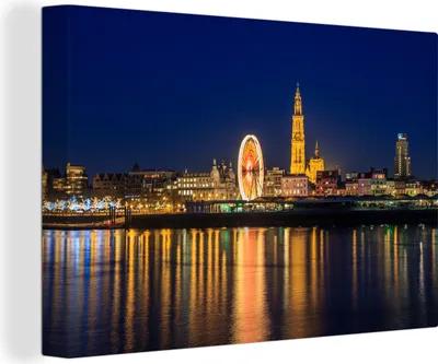 Produktbild von MuchoWow® - Leinwandbilder - Skyline - Antwerpen - Nacht, Wandbild, Wanddeko Bilder Wohnzimmer, 90x60 cm