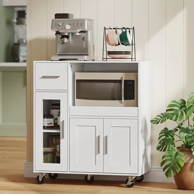 Produktbild von SUGIFT mobiler Küchenwagen Sideboard, Küchenschrank auf Rädern, Küchenkommode mit Schubladen, Kabelloch, Spanplatte MDF Weiß | 23 kg | 80 x 40 x 88,7 cm