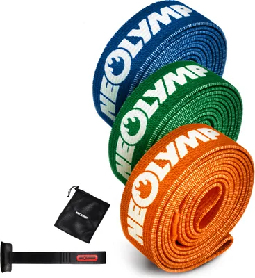 Three rolled-up fabric fitness bands in blue, green, and orange, with a small black carrying pouch and a black strap with a red accent in the lower left corner, all on a white background.