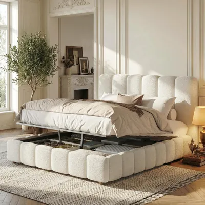 Zdjęcie produktu dla Łóżko Zerbaco, podwójne, 140x200 cm, łóżko funkcyjne z hydraulicznym podnoszeniem, z pojemnikiem na pościel, z elastycznym stelażem, tapicerowane zagłówkiem, kolor biały, tkanina bouclé
